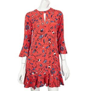 Shoshanna 100% Silk Floral Red Ruffle Dress 3/4 sleeve size 2